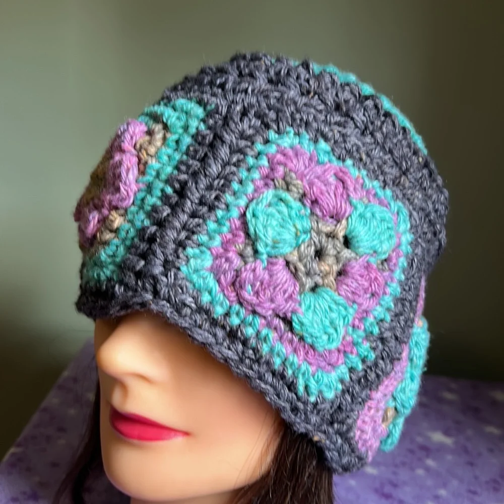 Crochet  flowers medium beanie wool blend winter new cute - Picture 2 of 10